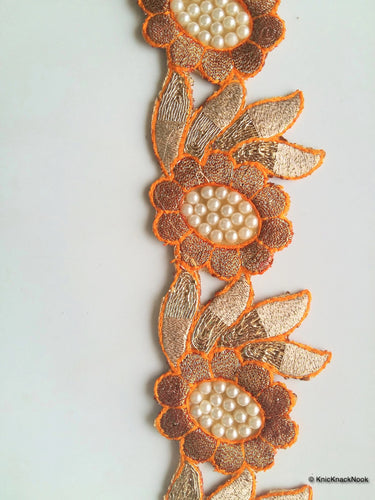 Gold Shimmer Floral Trim With Orange Border And Pearl Embellishments, Zardozi Decorative Trim, Costume Trim Fashion Trim Indian Trims